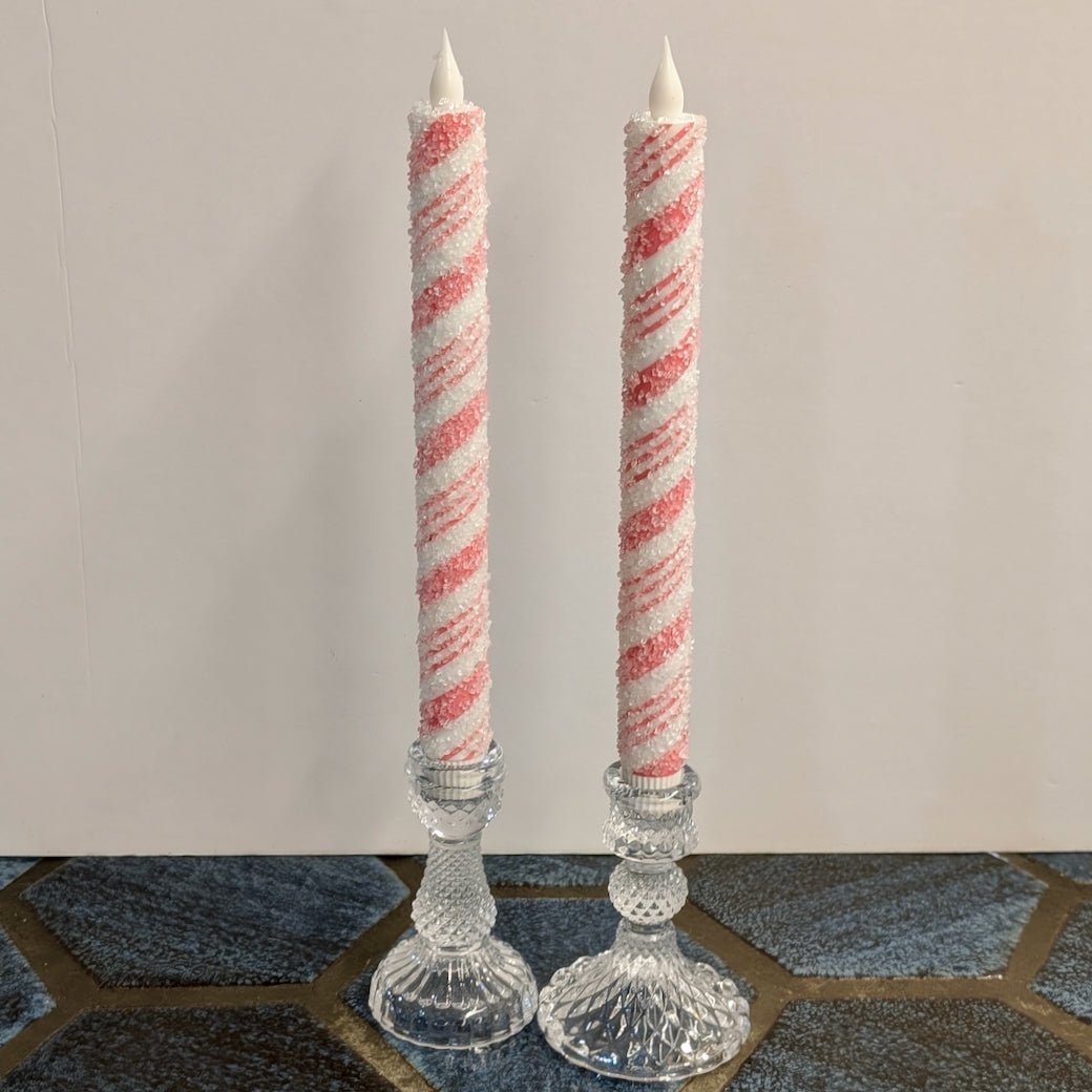 Pair of Flameless Pink Candy Cane Stripe LED Battery Operated Taper Candles - Marmalade Mercantile