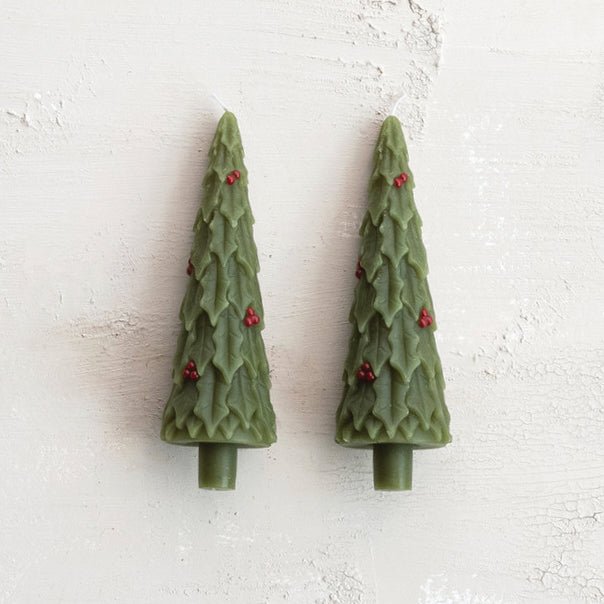 Pair of Unscented Holly Tree Shaped Dinner Taper Candles - Marmalade Mercantile