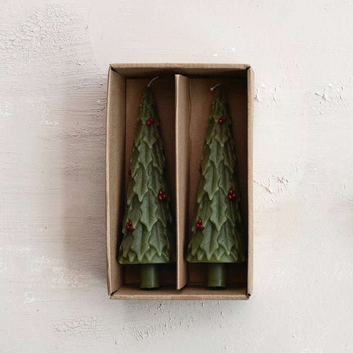 Pair of Unscented Holly Tree Shaped Dinner Taper Candles - Marmalade Mercantile