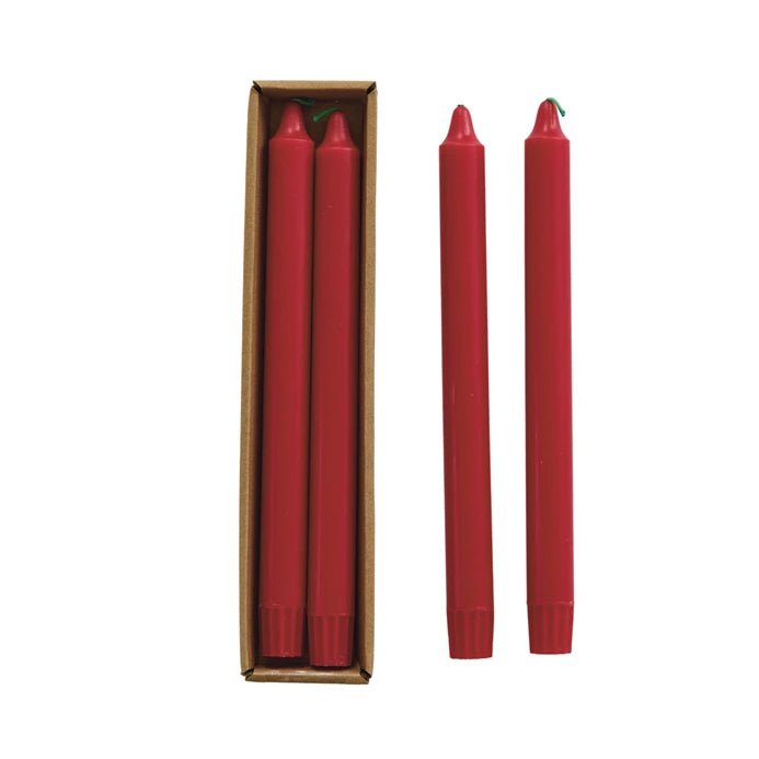 Pair of Unscented Red Taper Candles with Festive Green Wick - Marmalade Mercantile