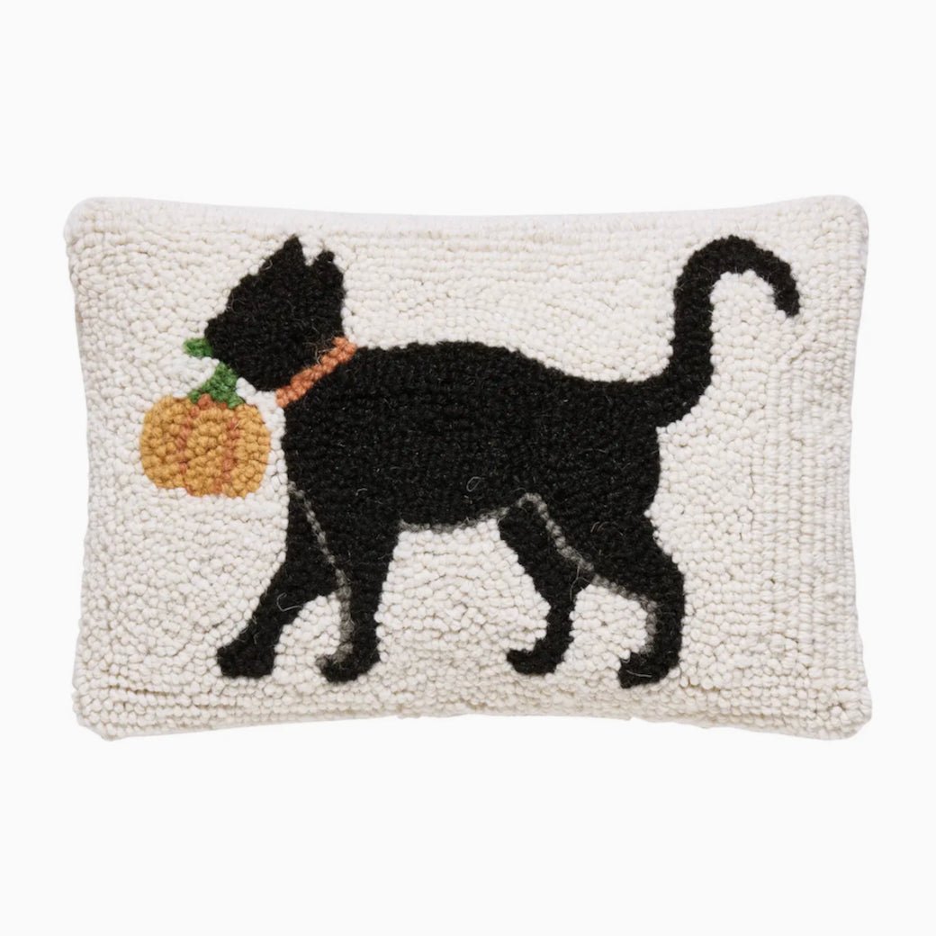 Petite Black Cat and Pumpkin Hooked Rug Halloween Pillow - Marmalade Mercantile