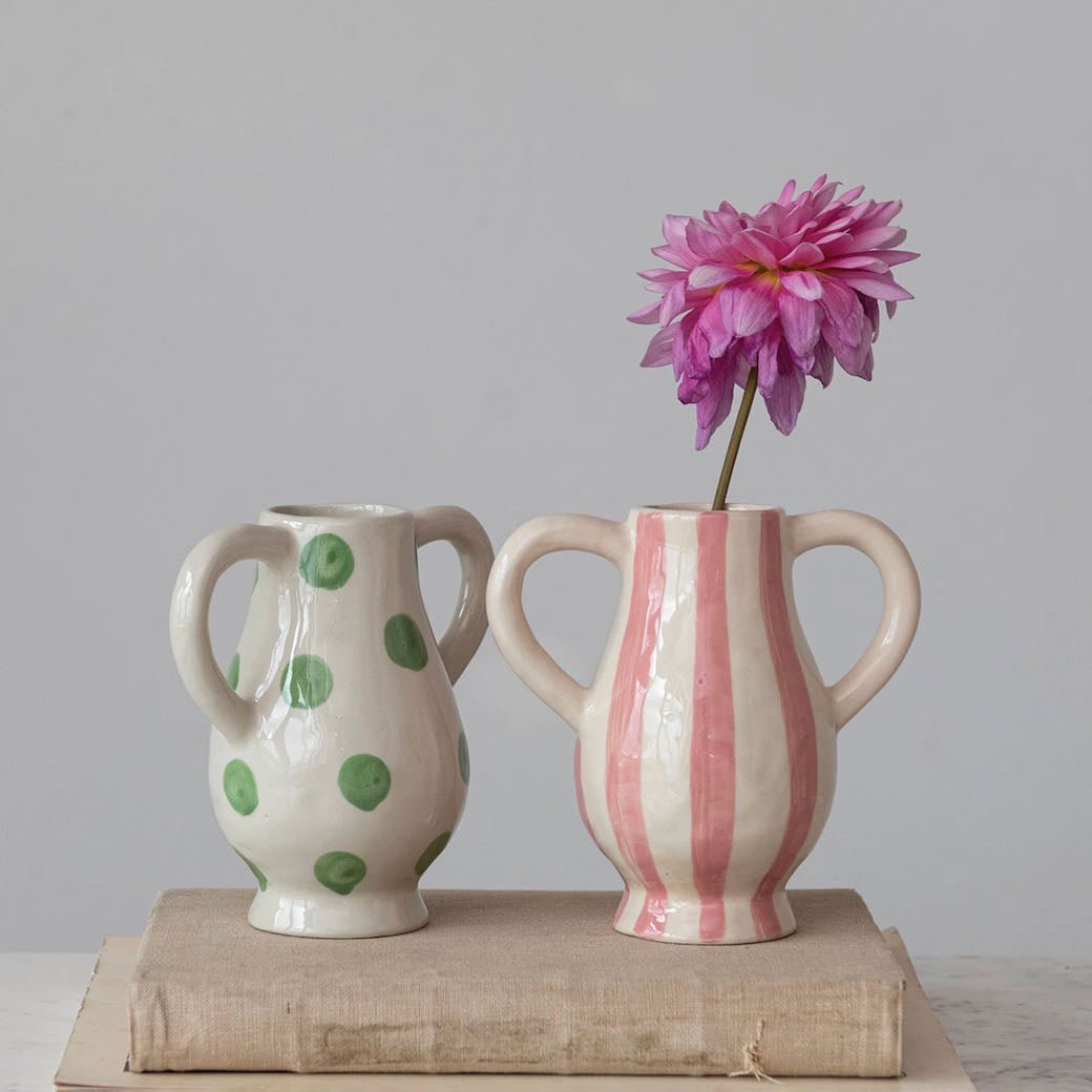 Petite Hand-Painted Stoneware Vase with Handles CHOICE of Two Styles - Marmalade Mercantile