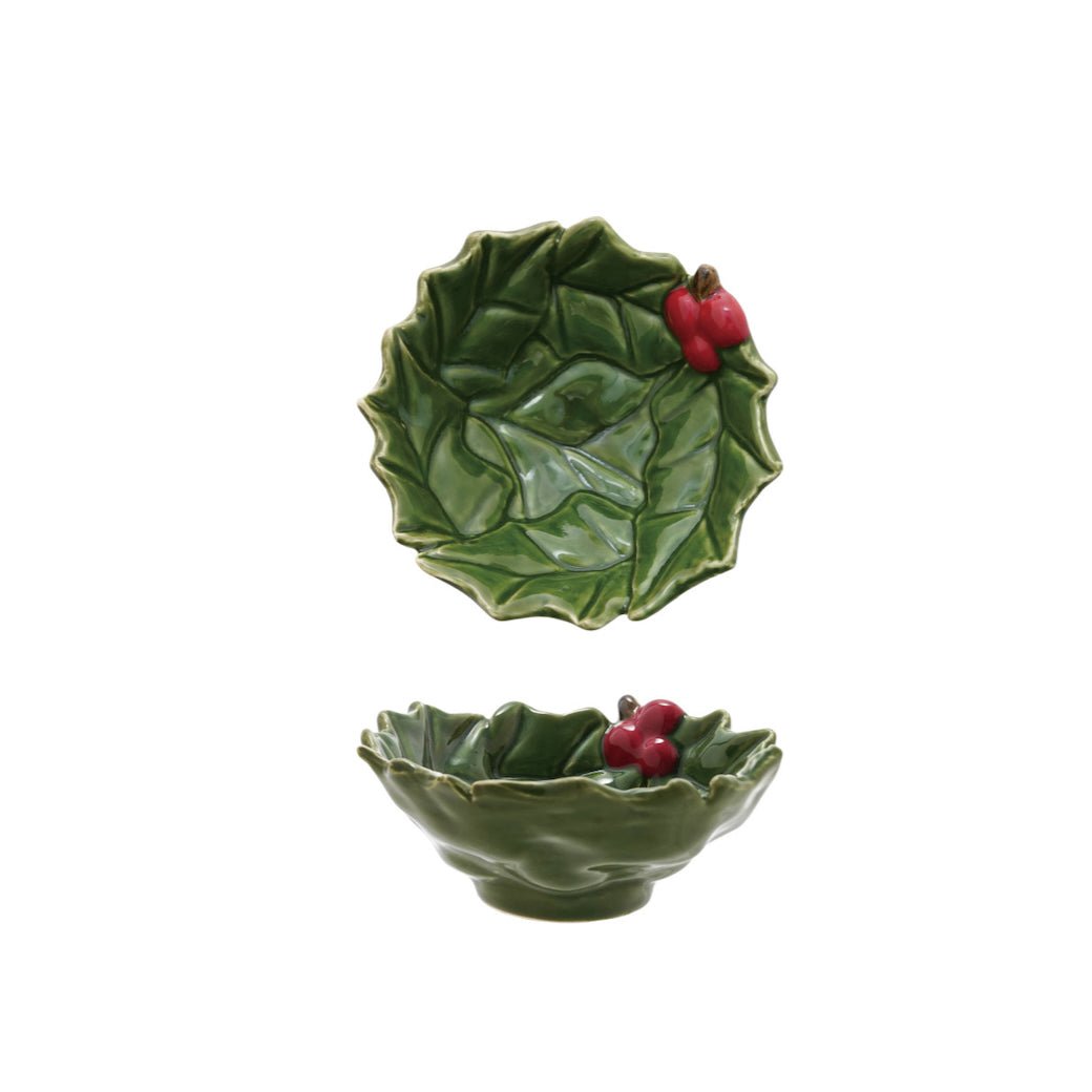 Set of 2 Hand-Painted Holly Leaves Shaped Bowl w Berries - Marmalade Mercantile
