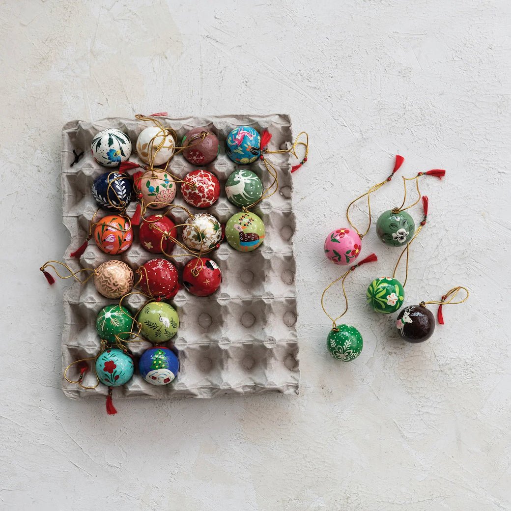Set of 24 Hand - Made Paper Maché Christmas Ornaments - Marmalade Mercantile