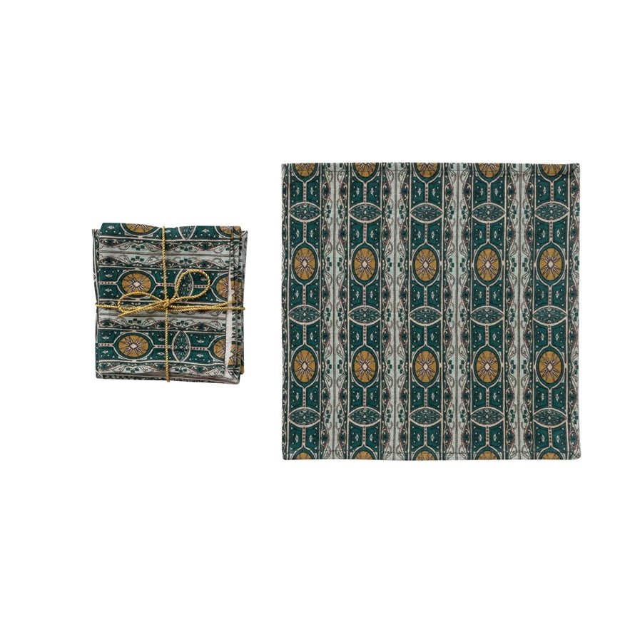 Set of 4 Linen/Cotton Cocktail Napkins in Green & Tan w Red & Black accents - Marmalade Mercantile