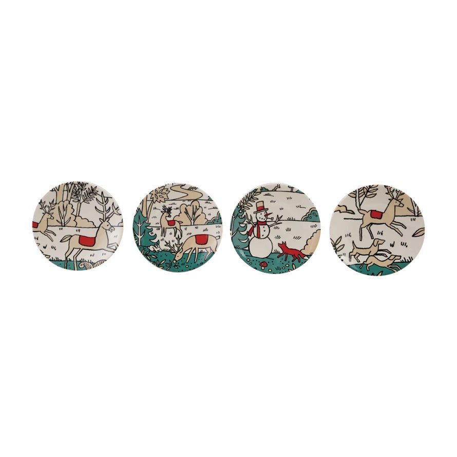 Set of Four 5” Stoneware Snack Plates with Winter Scene & Reindeer Four Styles - Marmalade Mercantile
