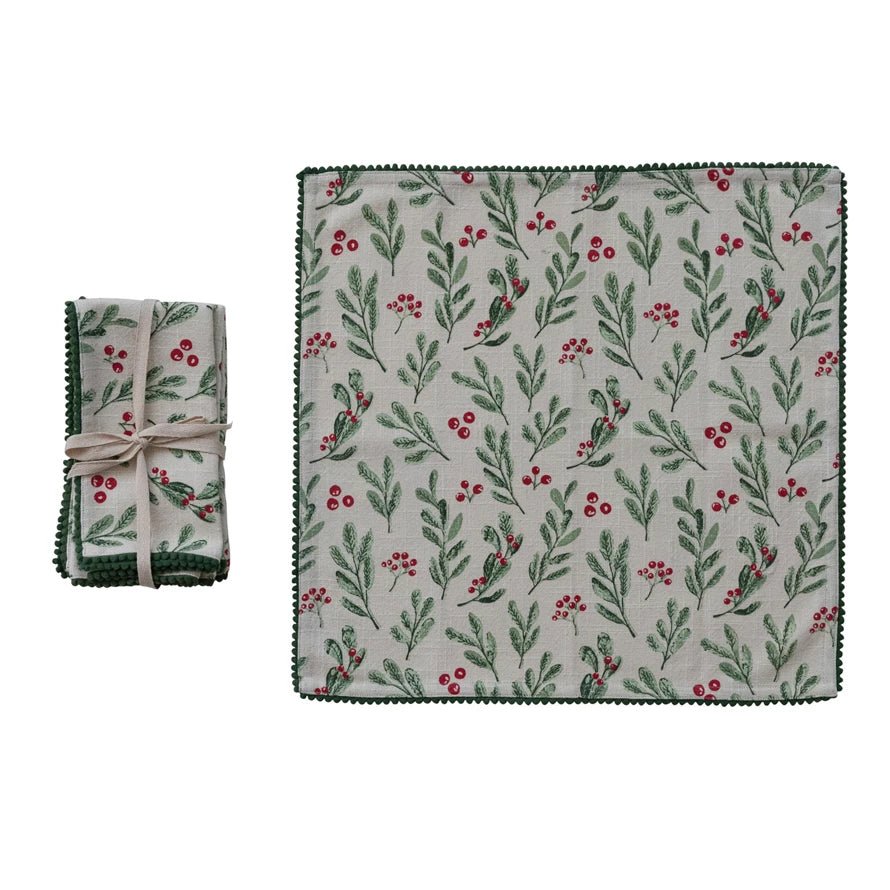 Set of Four Cotton Cloth Napkins w Holiday Botanicals & Mini Pom Pom Trim - Marmalade Mercantile