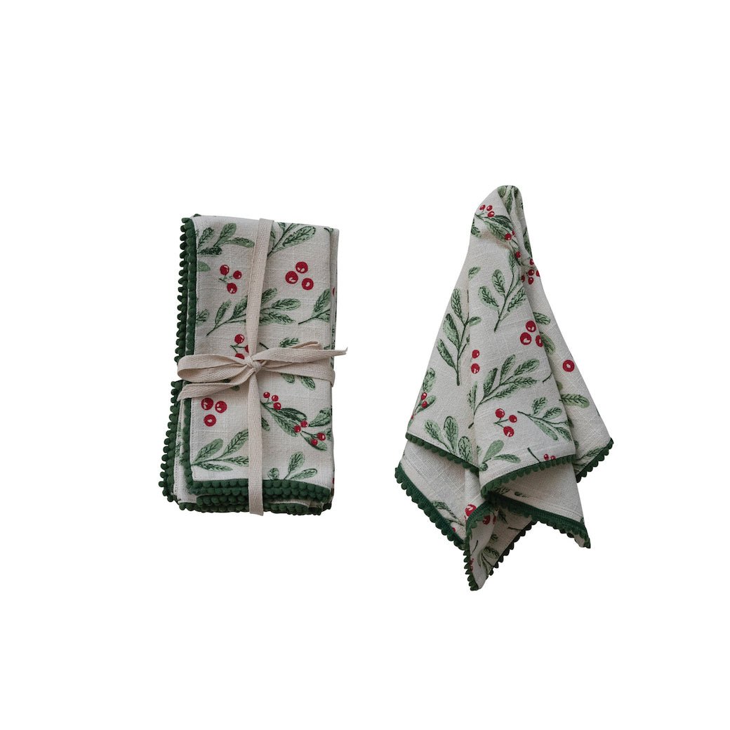 Set of Four Cotton Cloth Napkins w Holiday Botanicals & Mini Pom Pom Trim - Marmalade Mercantile