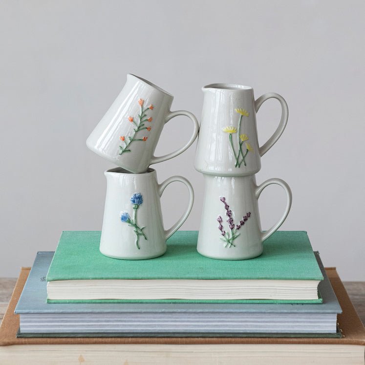 Set of Four Hand-Painted Cream Pitchers w Botanicals