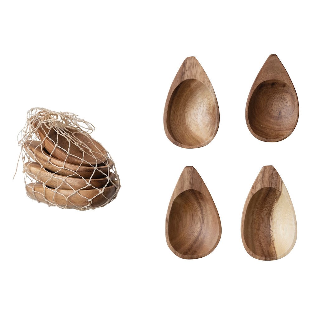 Set of Four Small Acacia Wood Bowls w Natural Finish in Abaca Net Bag - Marmalade Mercantile