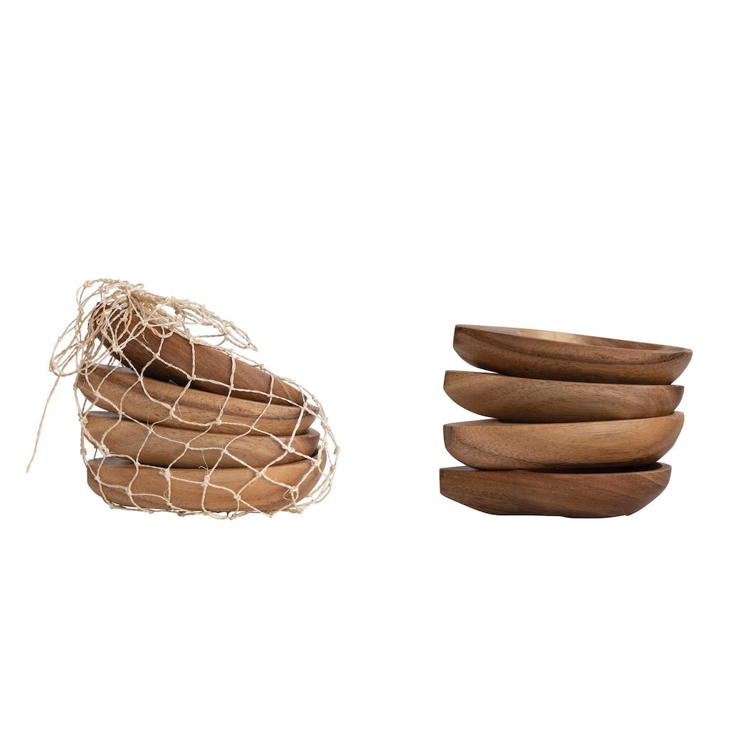 Set of Four Small Acacia Wood Bowls w Natural Finish in Abaca Net Bag - Marmalade Mercantile