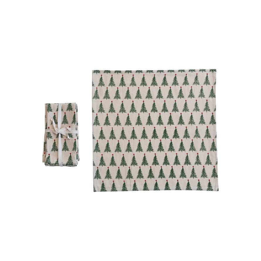 Set of Four Stonewashed Cotton Printed Cocktail Napkins w Tree Pattern - Marmalade Mercantile