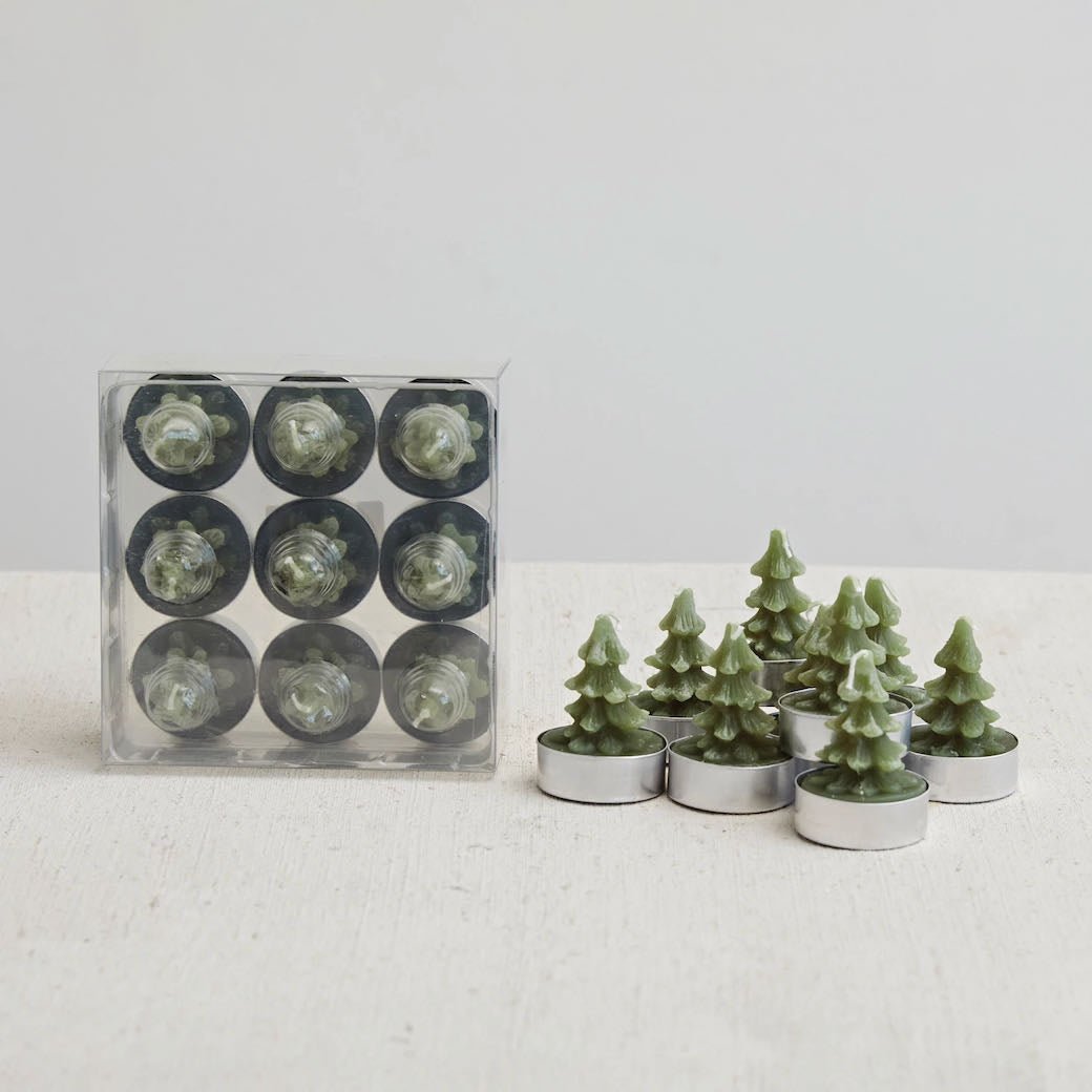 Set of Nine Round Unscented Tree Tealights, Evergreen Color - Marmalade Mercantile