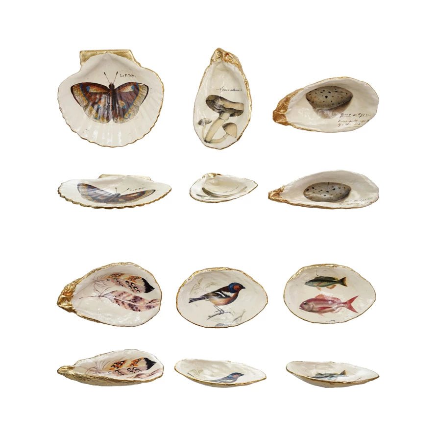 Set of Six Decorative Resin Oyster Dishes w Reproduction Vintage Images - Marmalade Mercantile