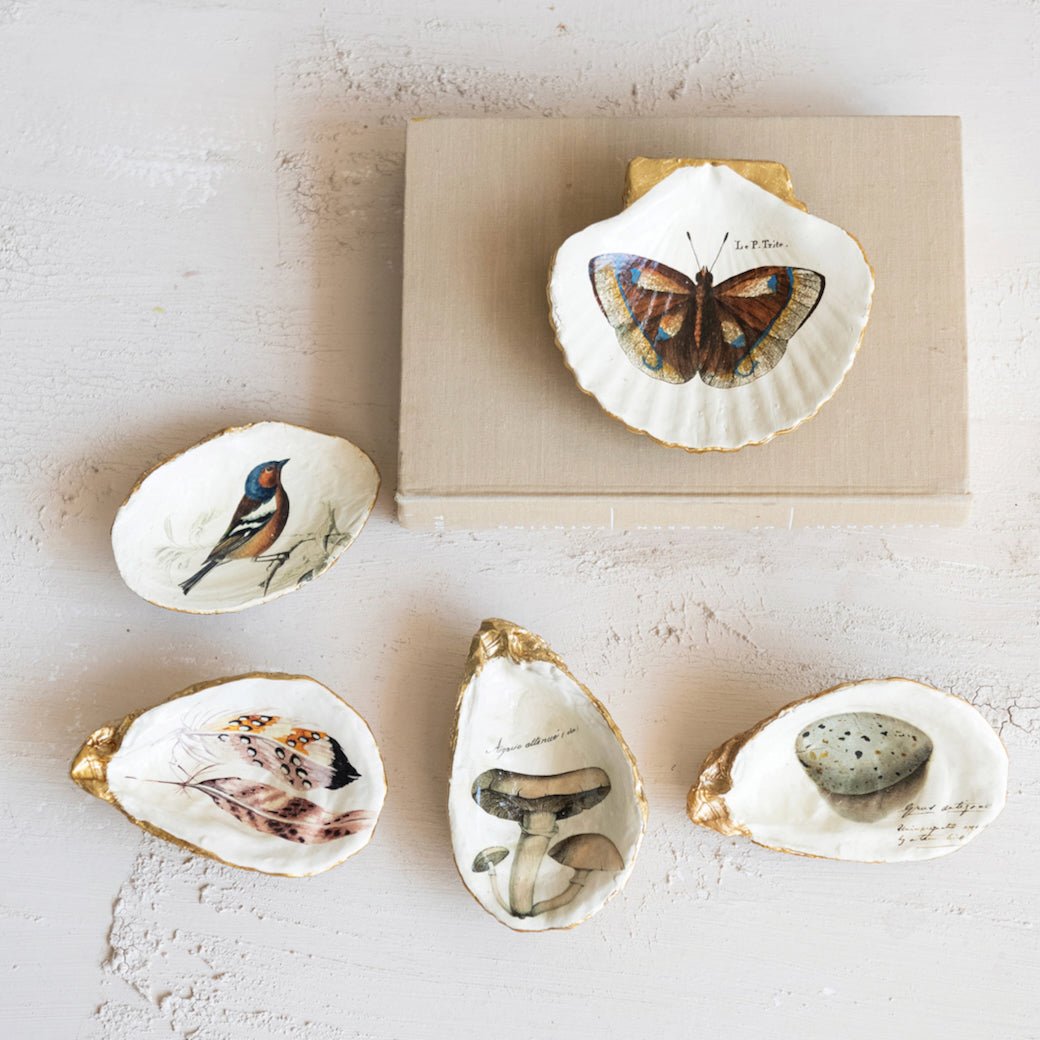 Set of Six Decorative Resin Oyster Dishes w Reproduction Vintage Images - Marmalade Mercantile