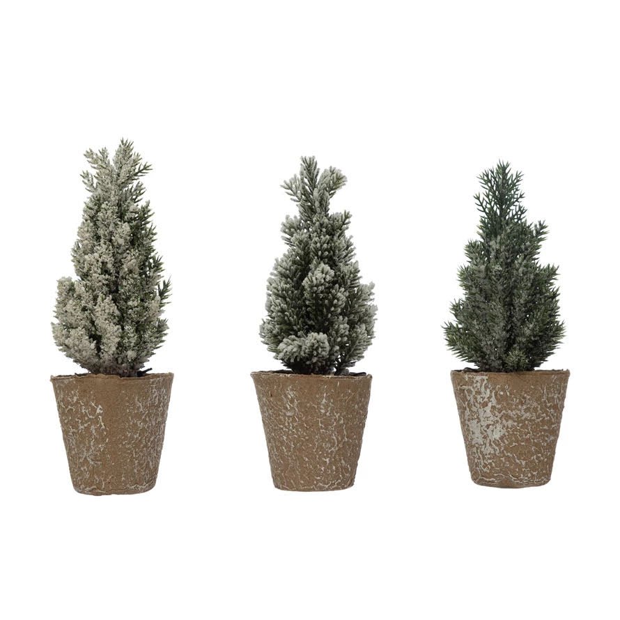 Set of Three Miniature Faux Snowy Pine Trees in Paper Pots - Marmalade Mercantile