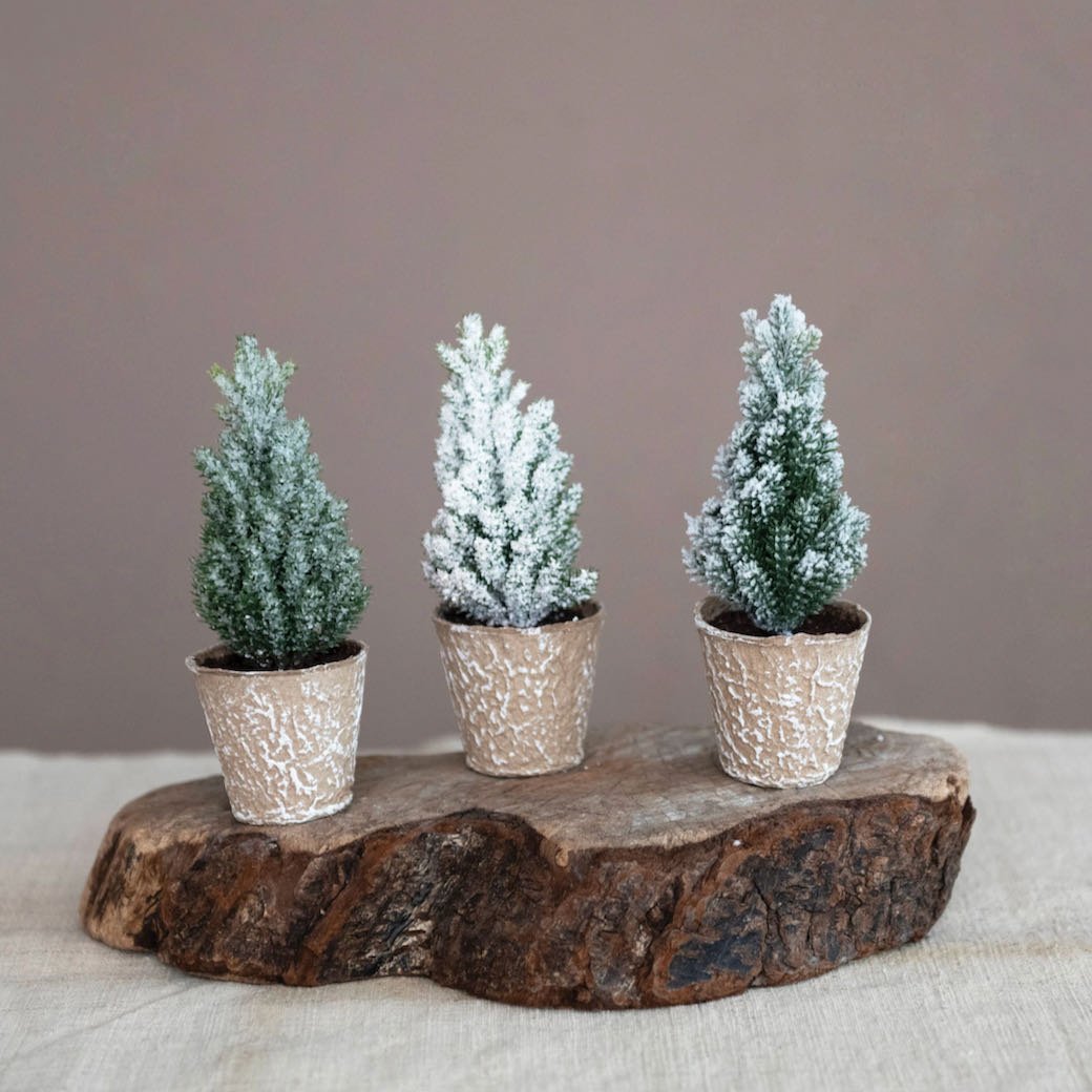 Set of Three Miniature Faux Snowy Pine Trees in Paper Pots - Marmalade Mercantile