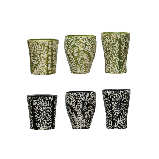Set of Three Wax Relief Stoneware Botanical Cup Vases CHOICE of Green or Black - Marmalade Mercantile