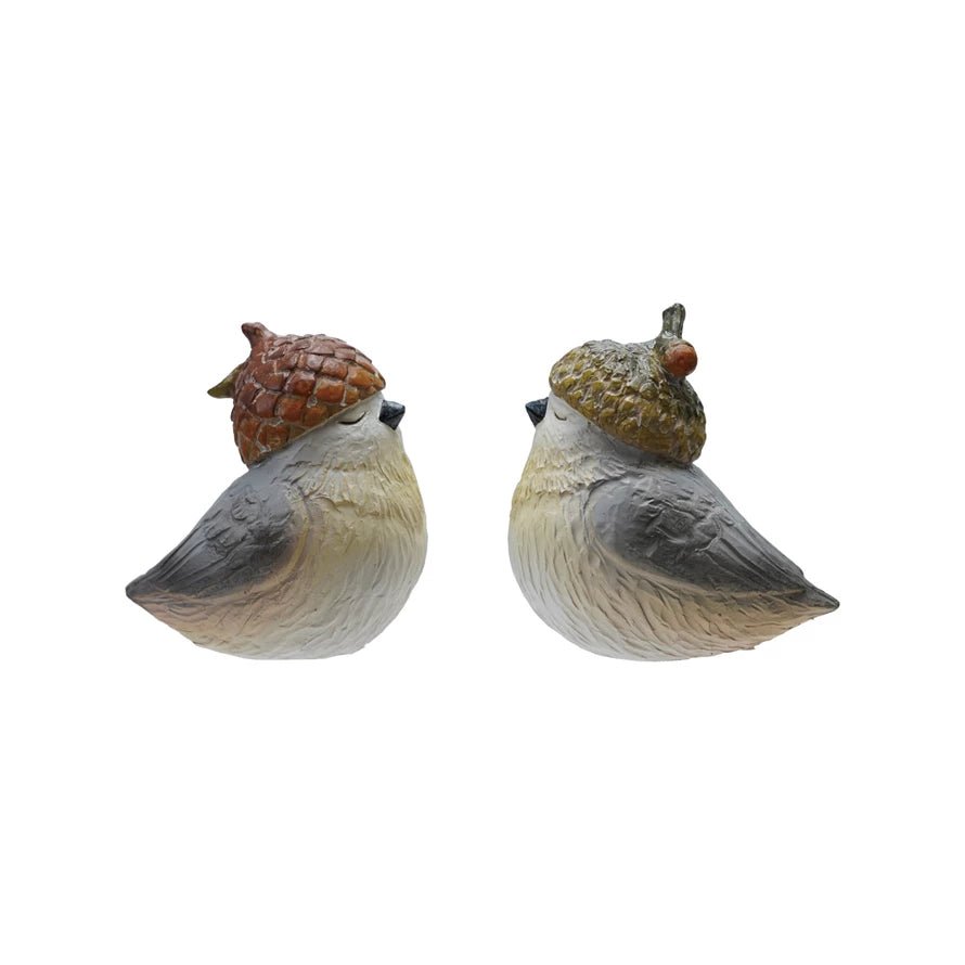 Set of Two Cast Resin Bird Figures with Acorn Hats - Marmalade Mercantile
