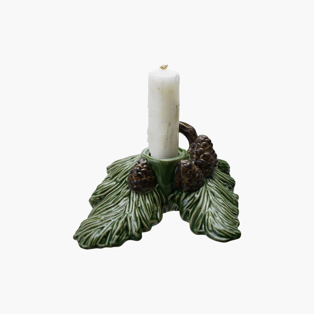 Set of Two Ceramic Pine Bough Taper Candle Holders w Pinecones - Marmalade Mercantile