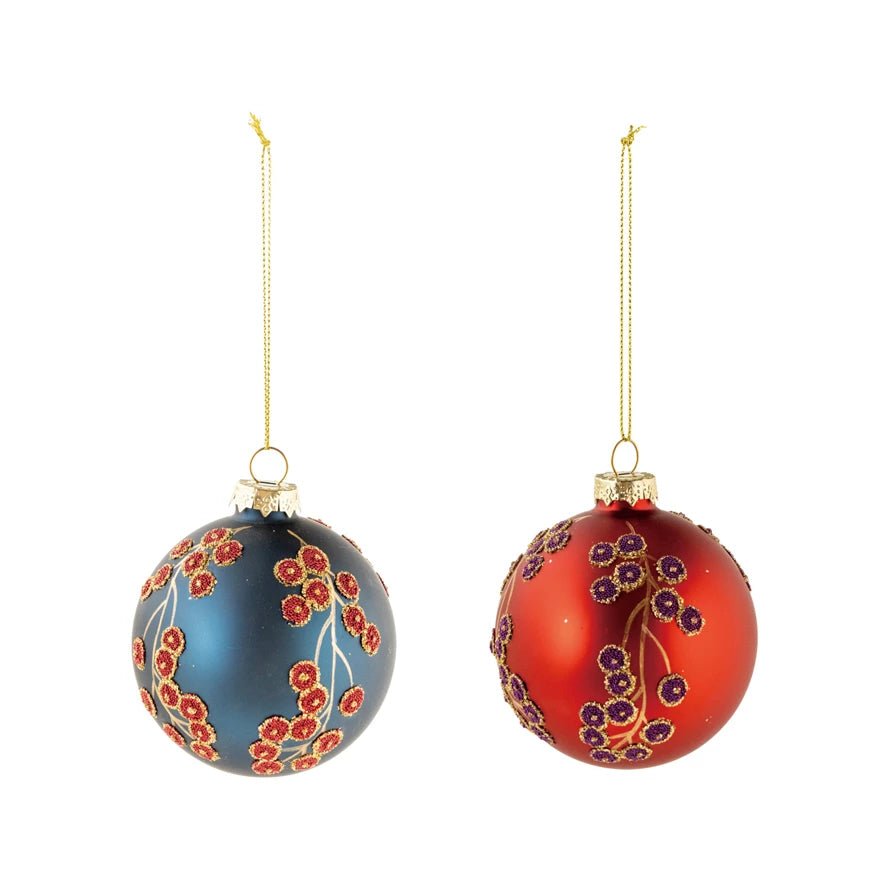 Set of Two Glass Ball Ornament with Botanical Bead Design - Marmalade Mercantile