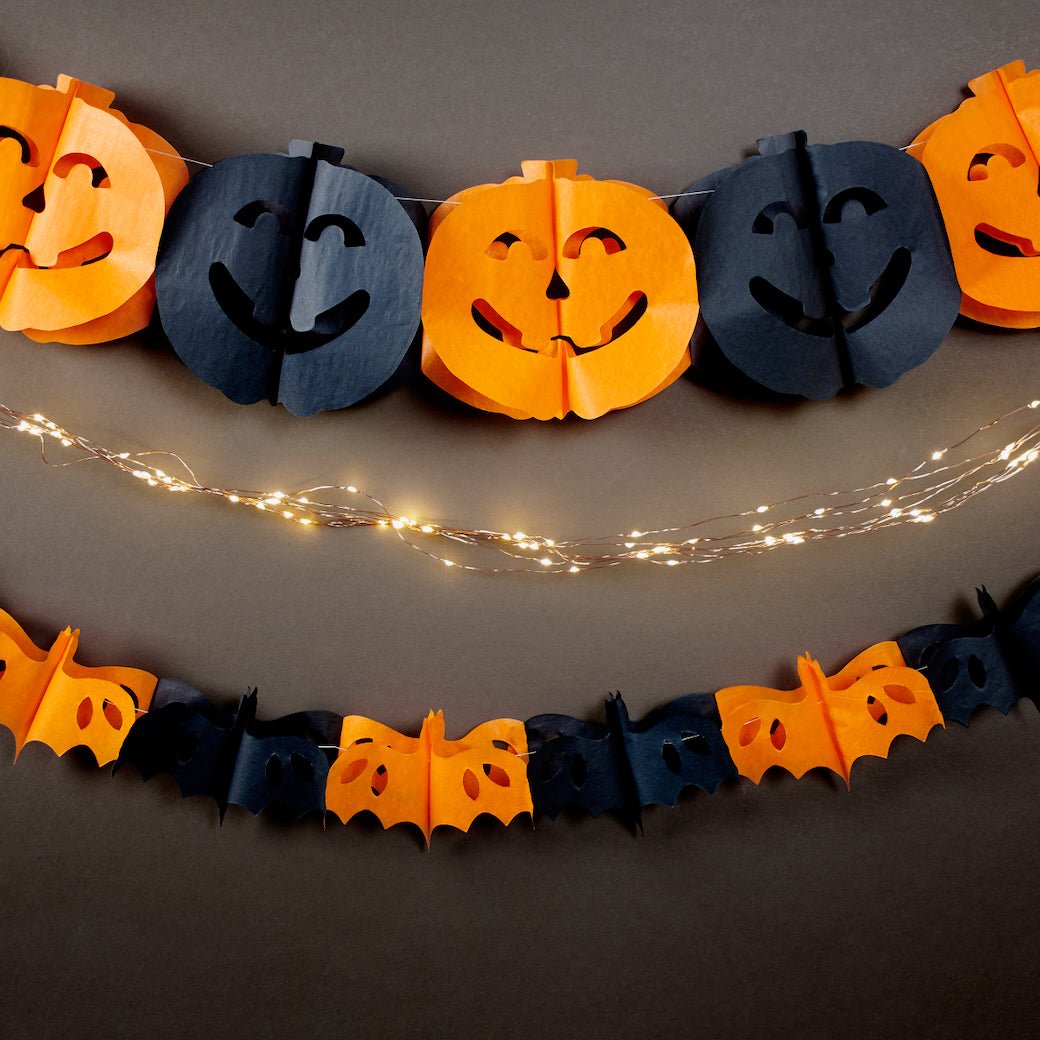 Set of Two Paper Halloween Banners Black & Orange Pumpkins & Bats - Marmalade Mercantile