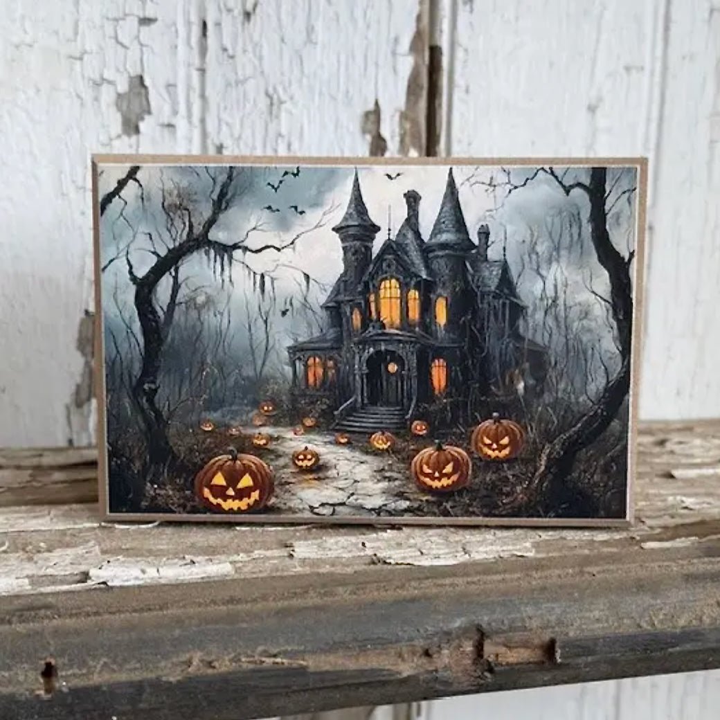 Spooky Haunted House with Jack - O - Lanterns Block Sign - Marmalade Mercantile