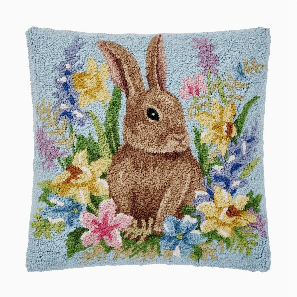 Springtime Bunny with Flowers Hooked Rug Pillow - Marmalade Mercantile