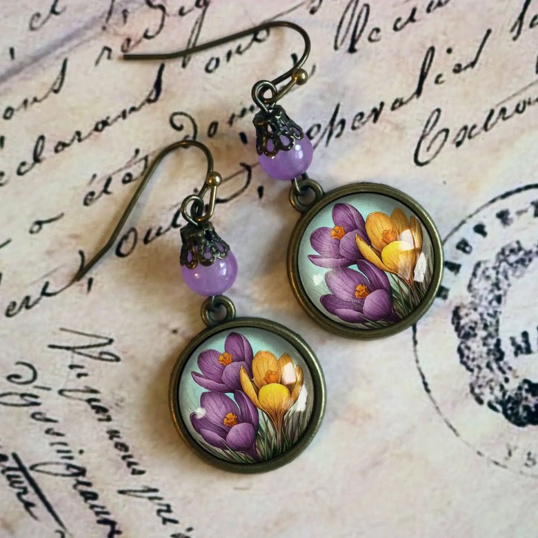 Springtime Crocus Vintage - Inspired Glass Cabochon Earrings for Pierced Ears - Marmalade Mercantile