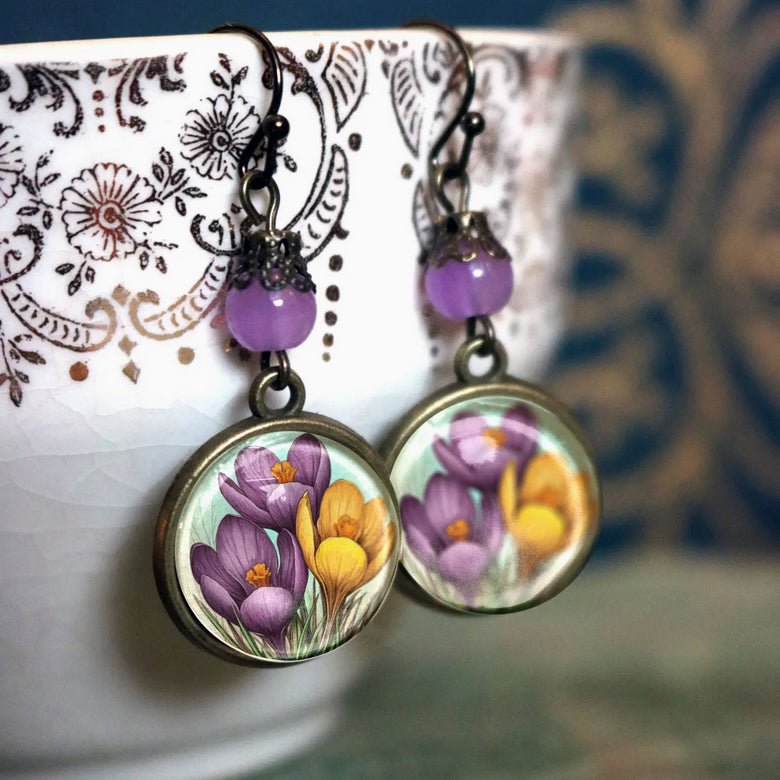 Springtime Crocus Vintage - Inspired Glass Cabochon Earrings for Pierced Ears - Marmalade Mercantile
