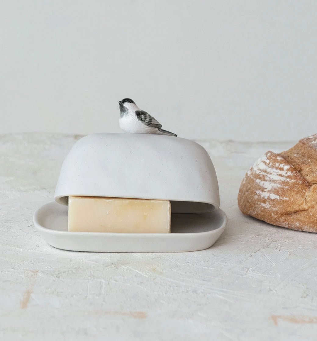 Stoneware Butter Dish w Bird Shaped Handle - Marmalade Mercantile