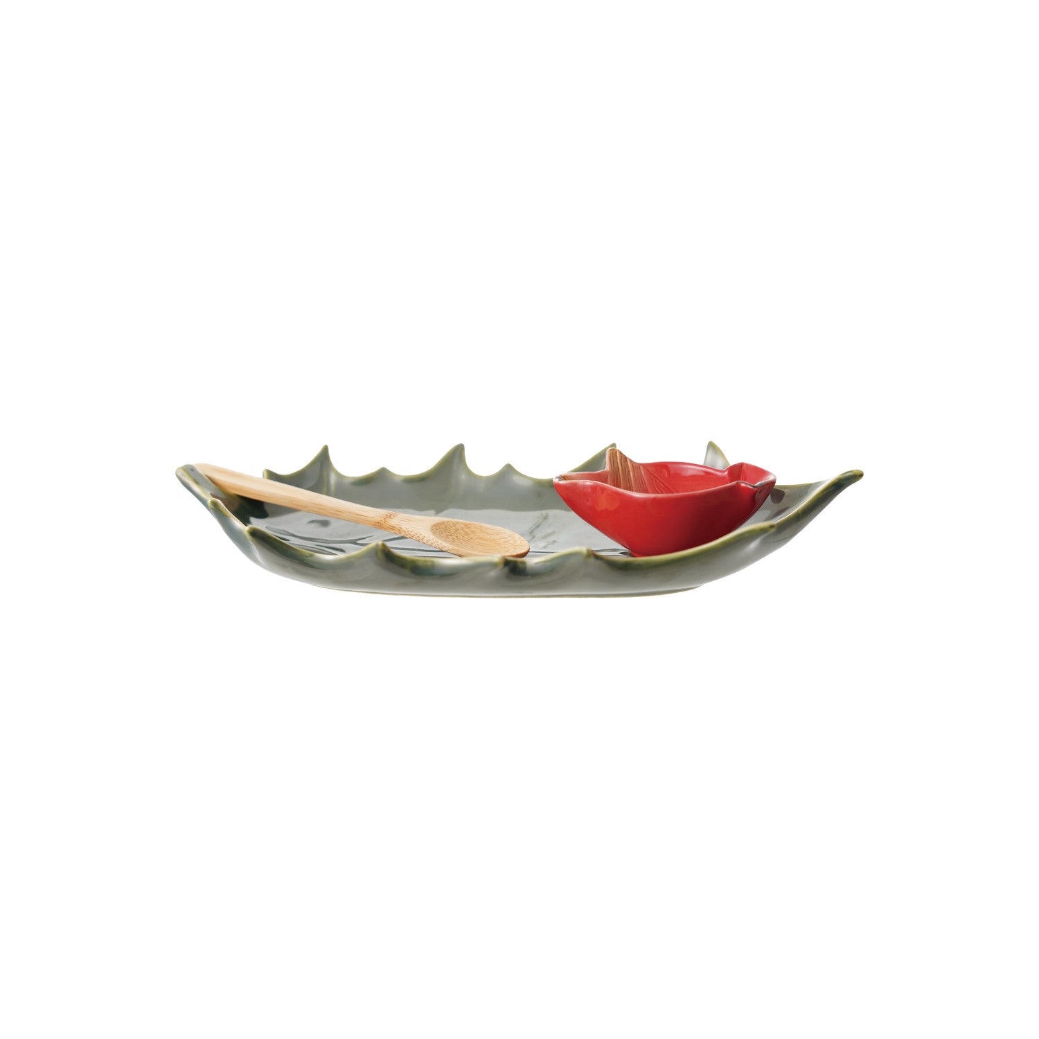 Stoneware Holly Leaf - Shaped Serving Plate with Bamboo Spoon & Cardinal Dish - Marmalade Mercantile