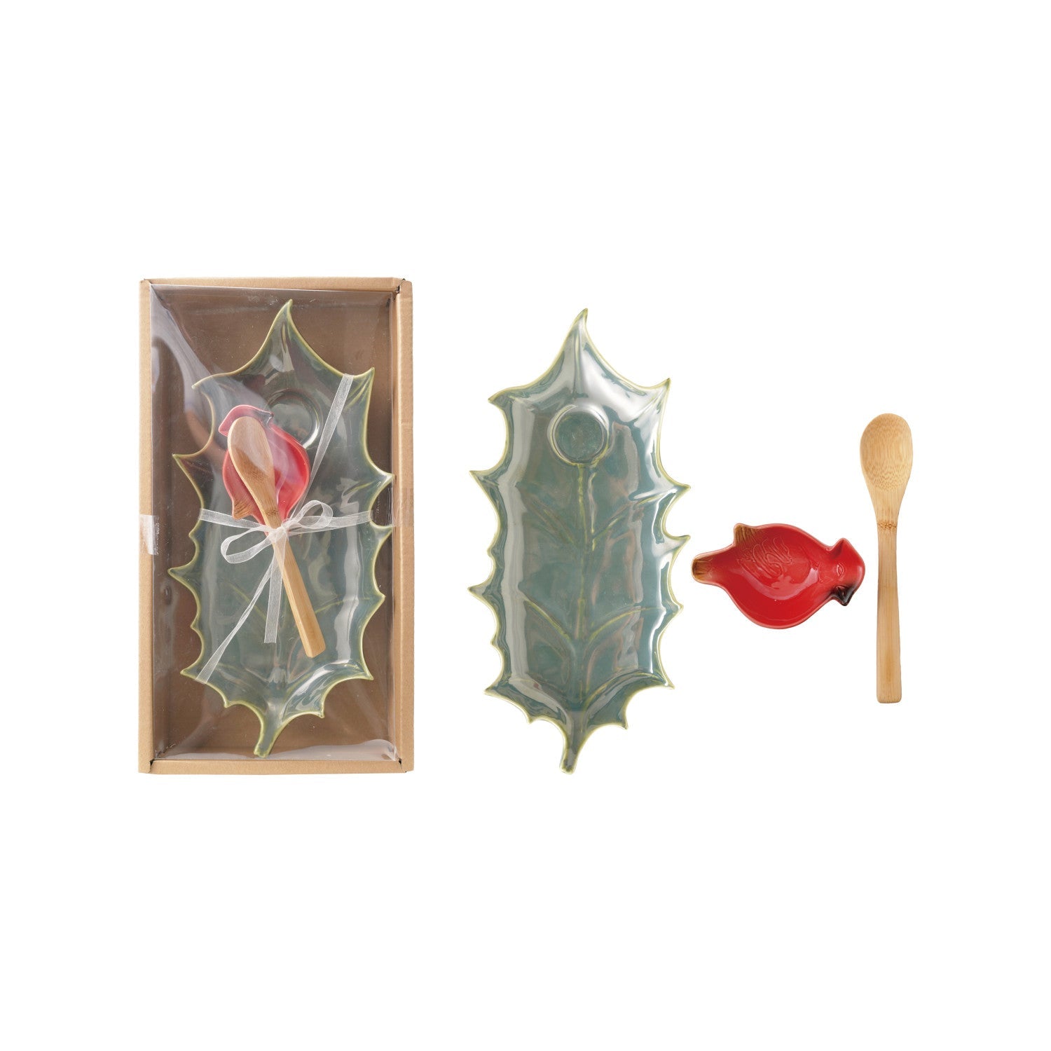 Stoneware Holly Leaf - Shaped Serving Plate with Bamboo Spoon & Cardinal Dish - Marmalade Mercantile