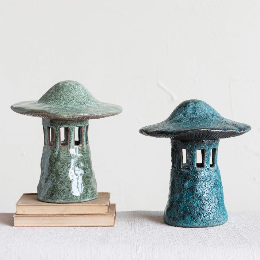 Stoneware Mushroom Lantern with Lid, CHOICE of Two Colors (Each One Will Vary) - Marmalade Mercantile