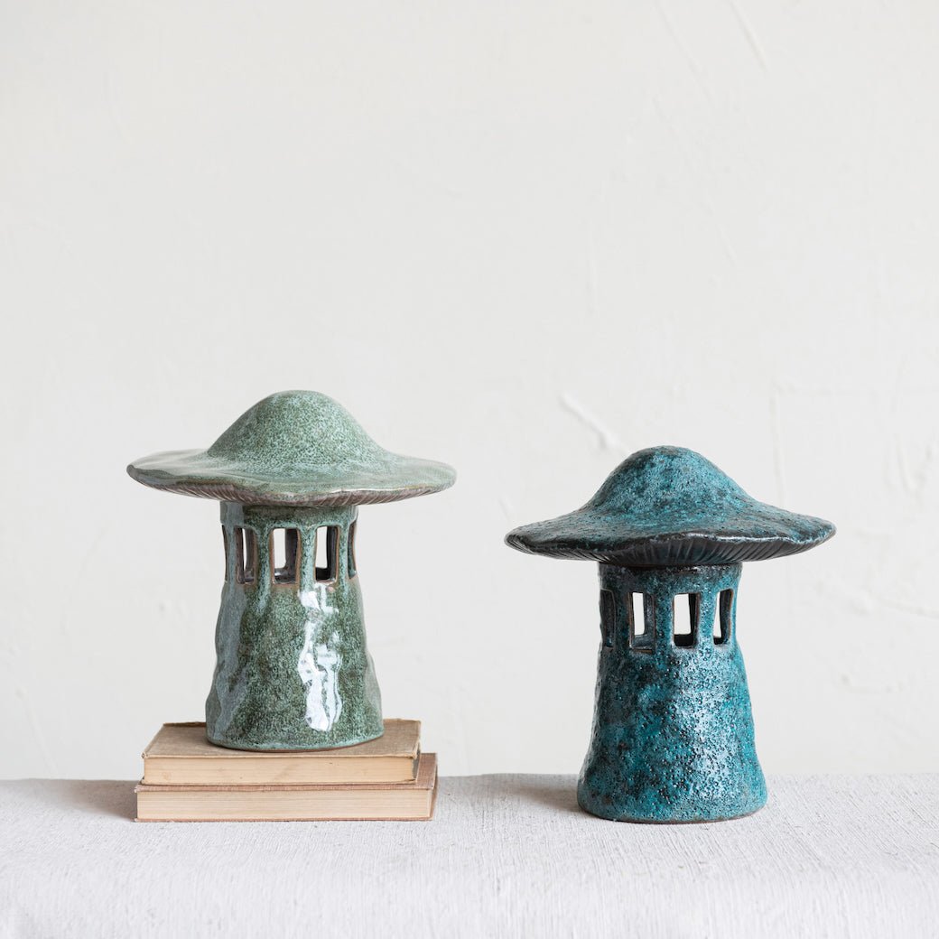 Stoneware Mushroom Lantern with Lid, CHOICE of Two Colors (Each One Will Vary) - Marmalade Mercantile