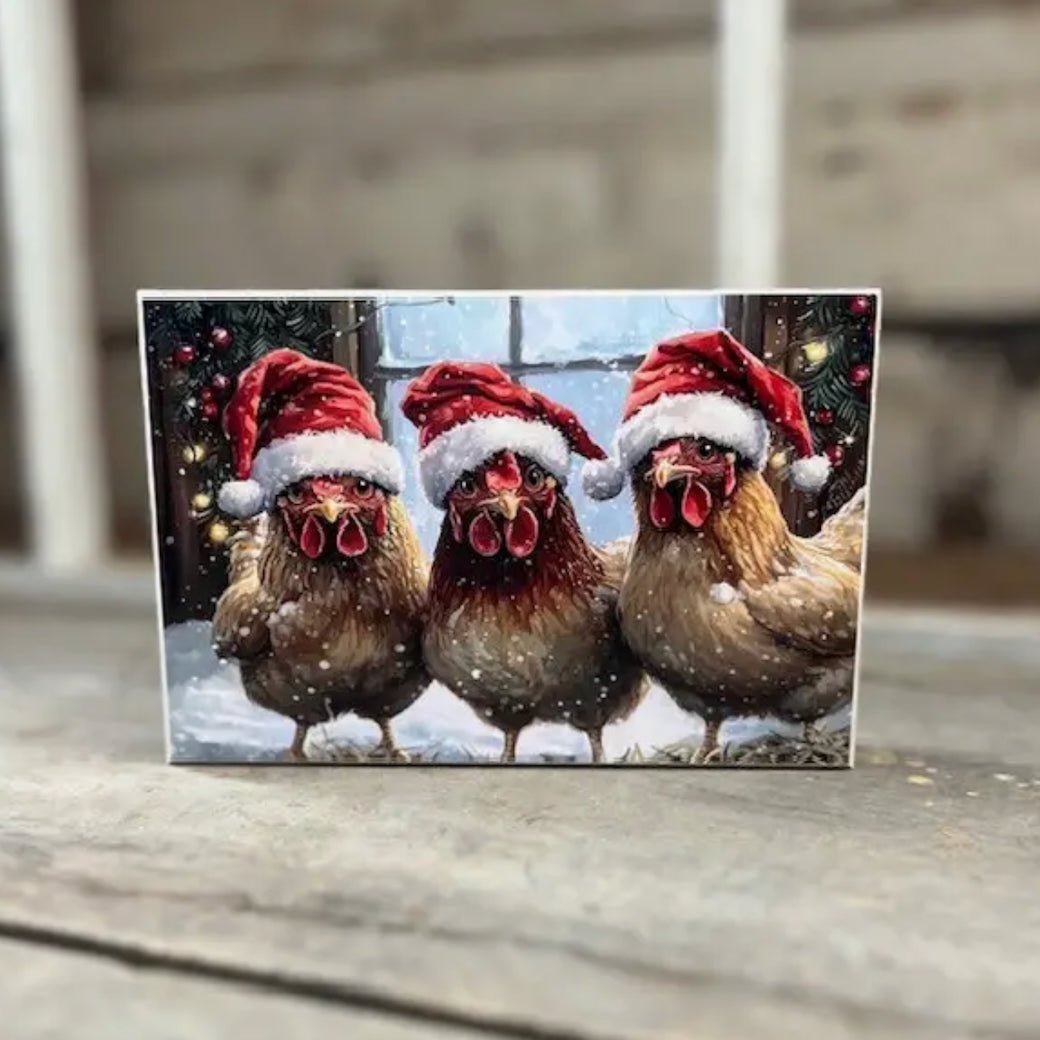 Three Wise Hens Christmas Chicks Wooden Block Print - Marmalade Mercantile