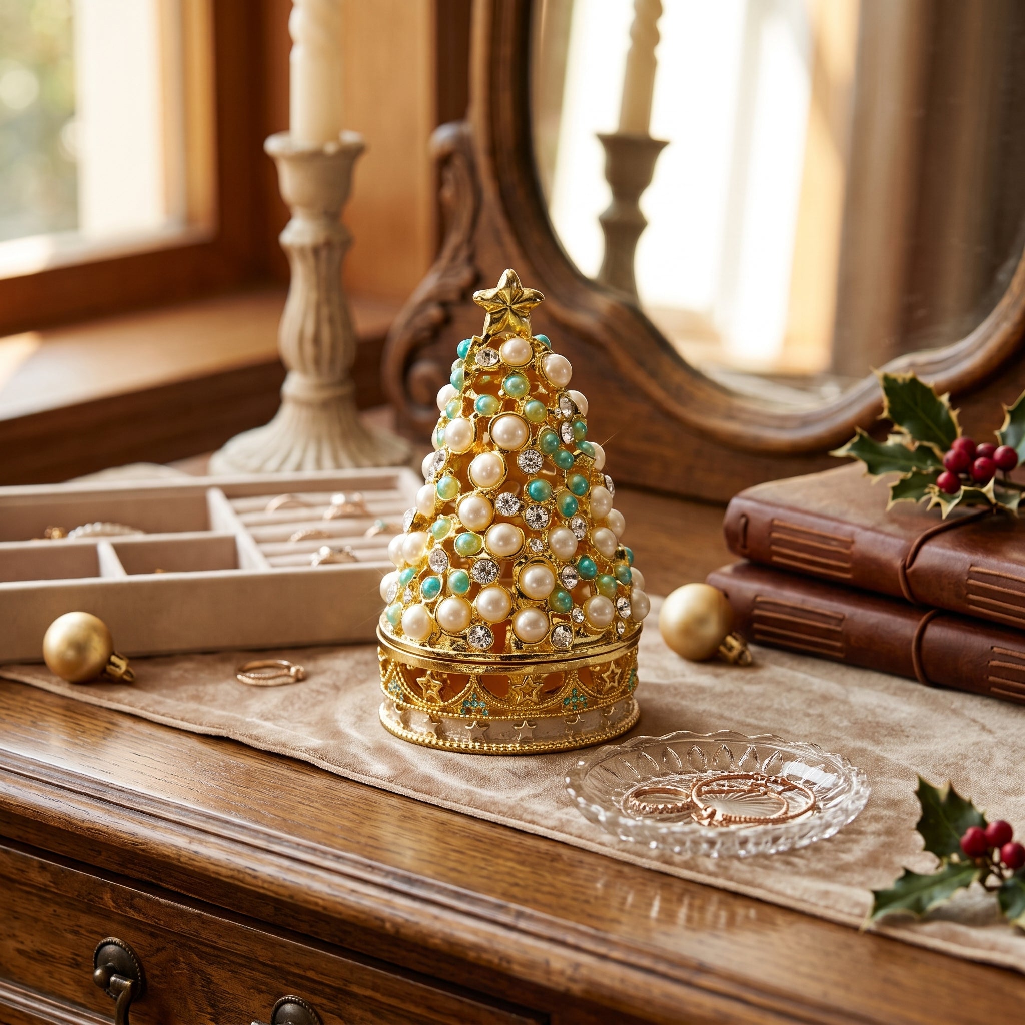 Enameled Metal Christmas Tree-Shaped Bejewled Trinket Box with Stars & Faux Pearls