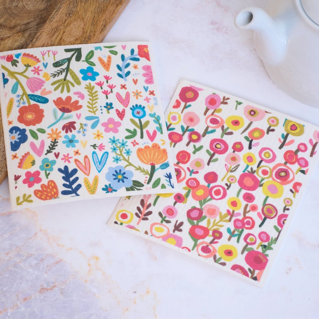 Two Colorful Springtime Floral Swedish Cloth Set - Marmalade Mercantile