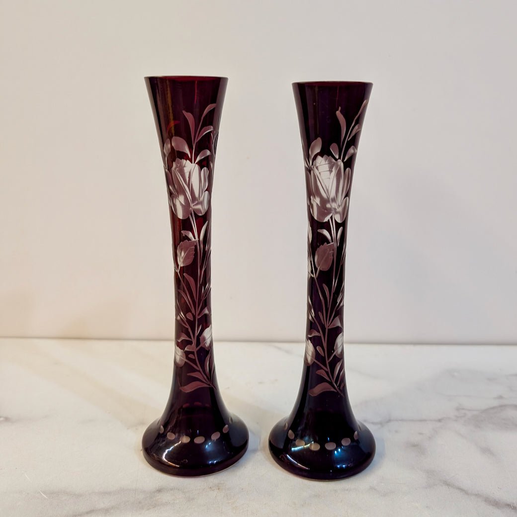 Two Vintage Red Bohemian Glass Bud Vases Ruby - Cut - To - Clear - Marmalade Mercantile