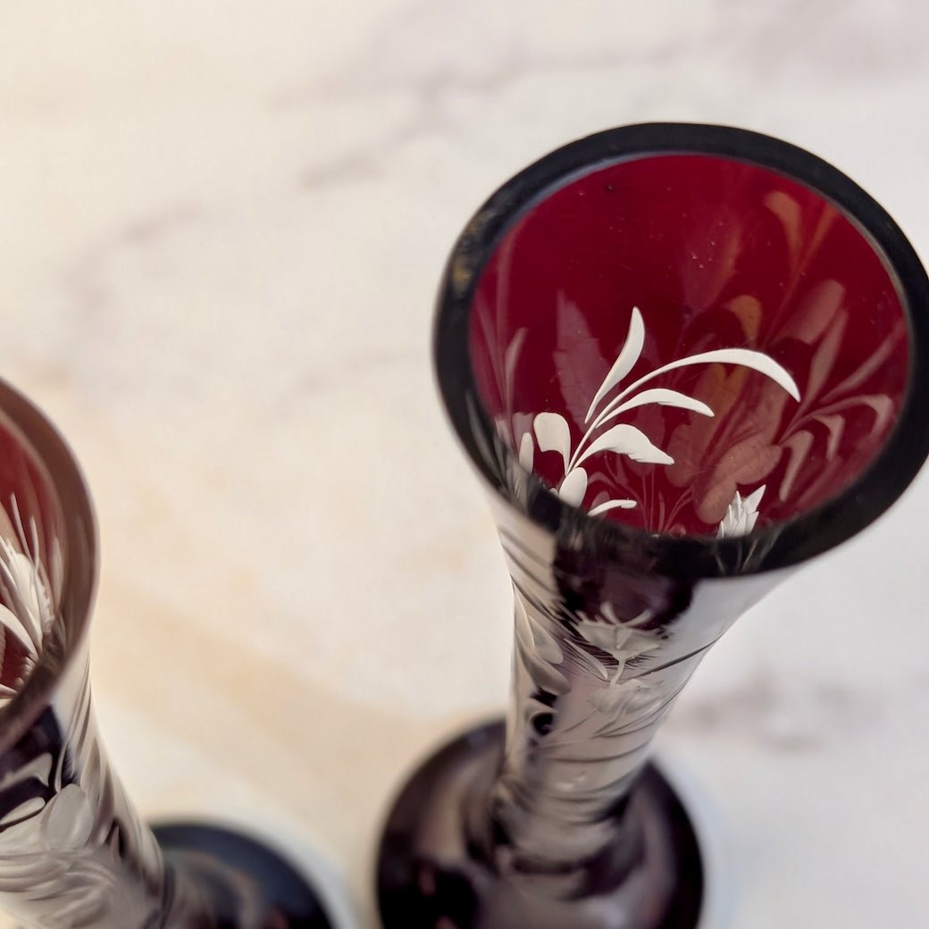 Two Vintage Red Bohemian Glass Bud Vases Ruby - Cut - To - Clear - Marmalade Mercantile