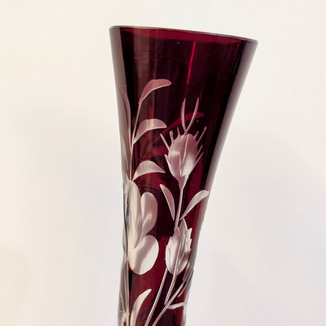 Two Vintage Red Bohemian Glass Bud Vases Ruby - Cut - To - Clear - Marmalade Mercantile
