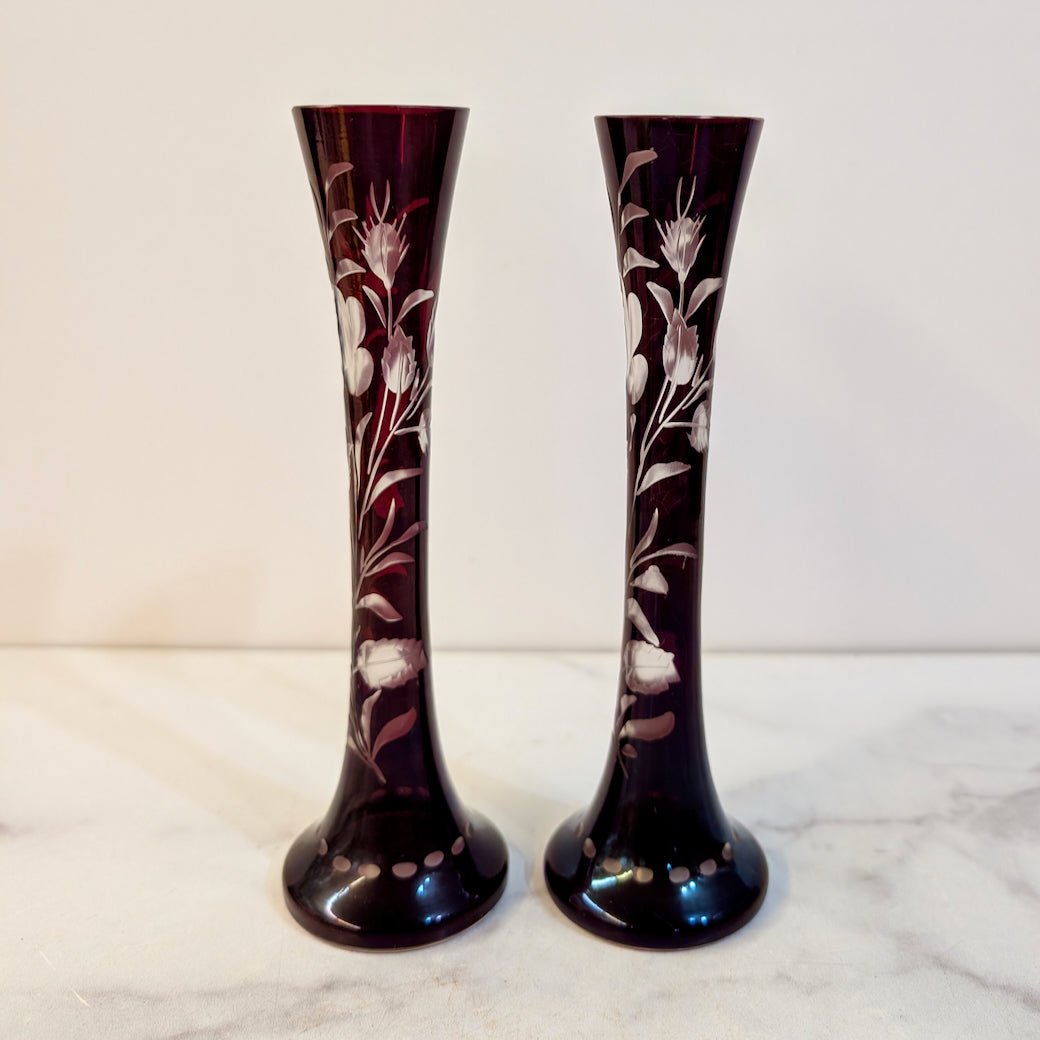 Two Vintage Red Bohemian Glass Bud Vases Ruby - Cut - To - Clear - Marmalade Mercantile