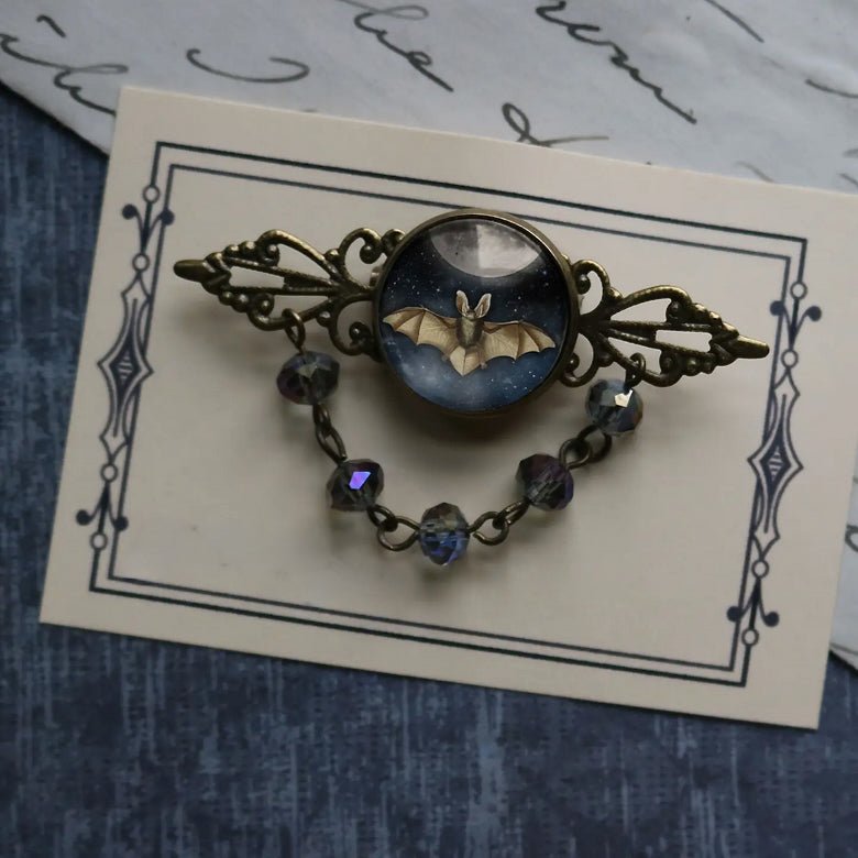 Victorian Style Brooch with Halloween Bat & Faceted Beads - Marmalade Mercantile