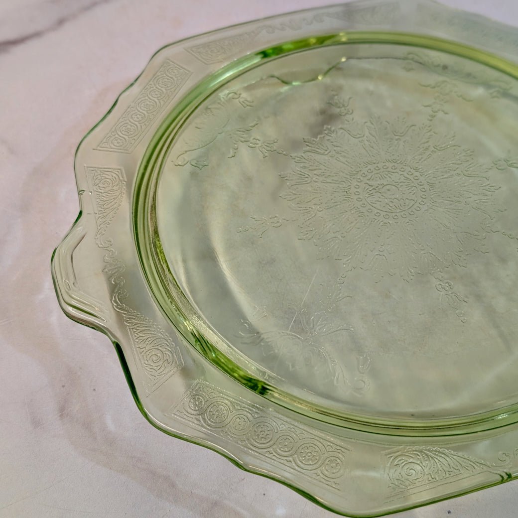 Vintage 1930s Scalloped Cake Plate Green Depression Uranium Glass - Marmalade Mercantile