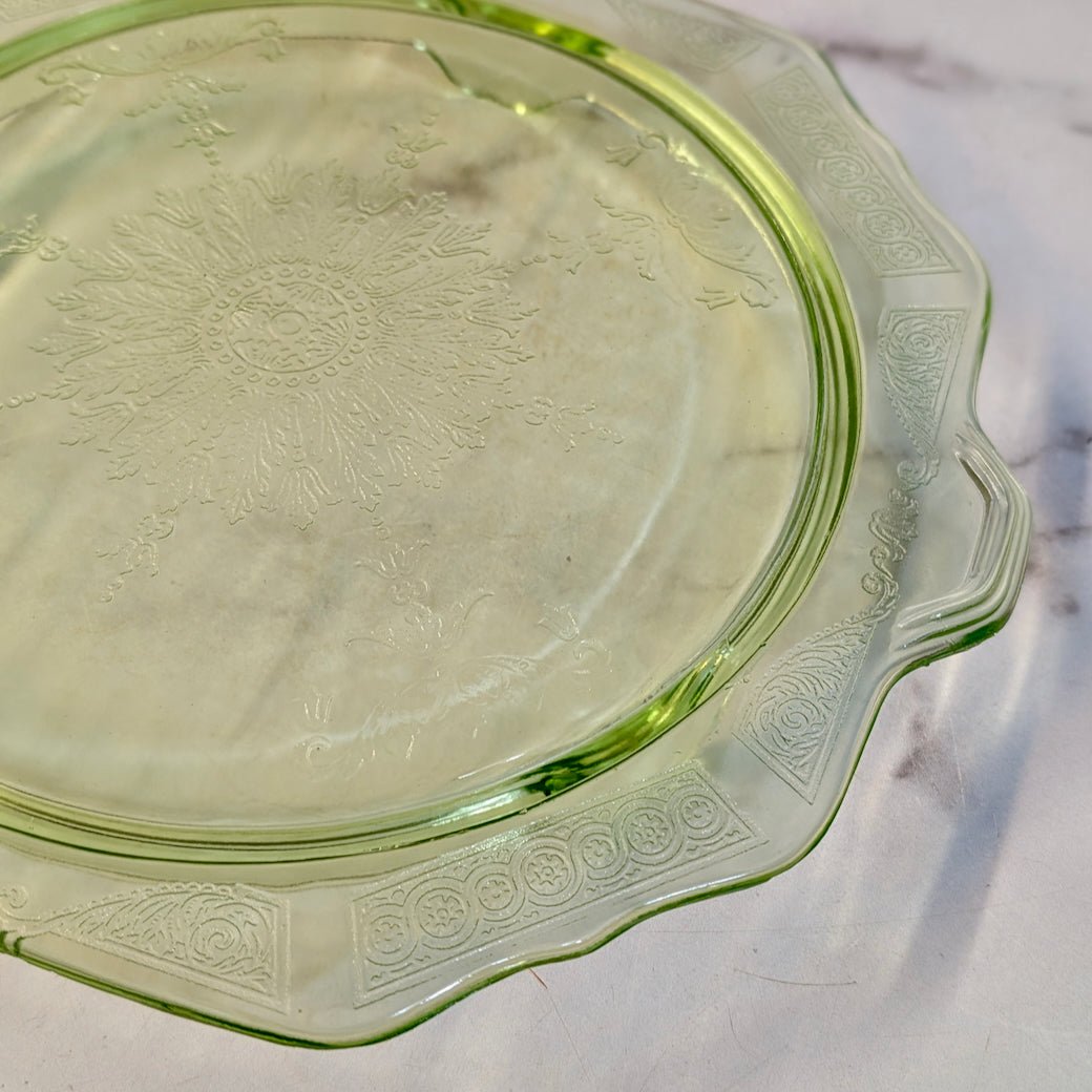 Vintage 1930s Scalloped Cake Plate Green Depression Uranium Glass - Marmalade Mercantile