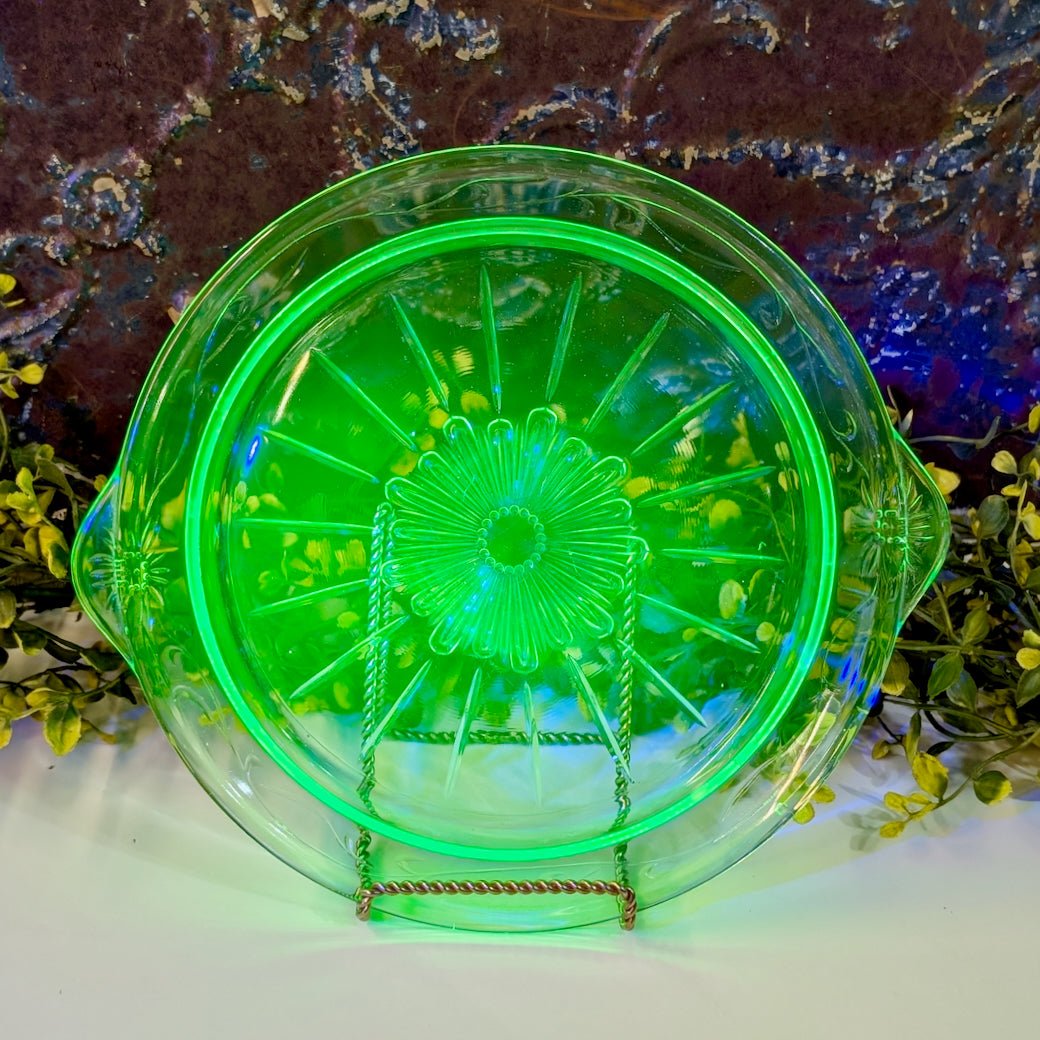 Vintage 1930s Uranium Glass Cake Plate Tendrils Pattern - Marmalade Mercantile