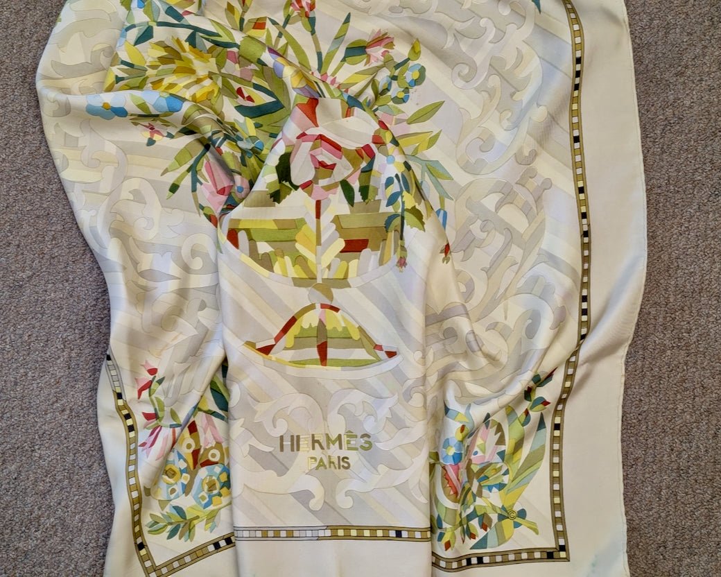 Vintage 1960s Hermes Silk Scarf Flora Marqueterie (Floral Marketry) by Francoise Heron - Marmalade Mercantile