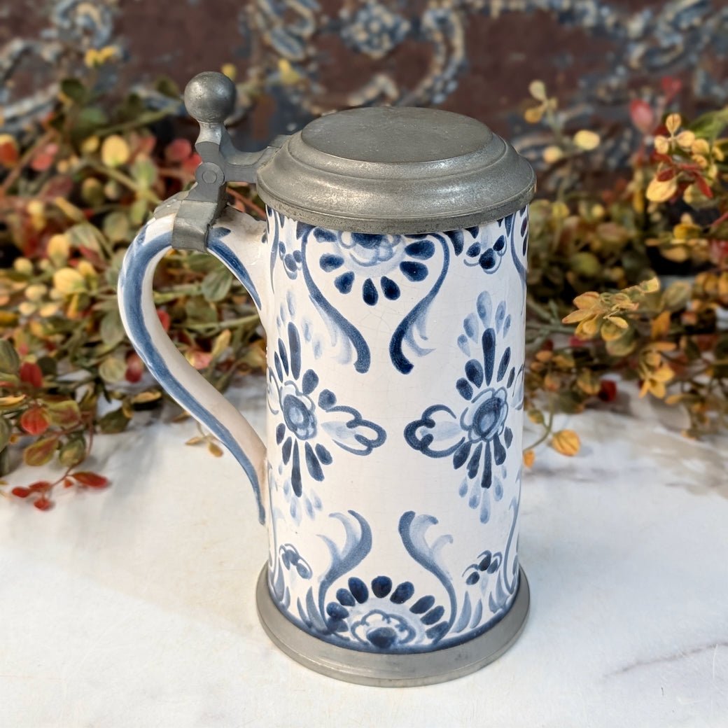 Vintage Blue & White Stoneware Stein with Metal Hinged Lid - Marmalade Mercantile