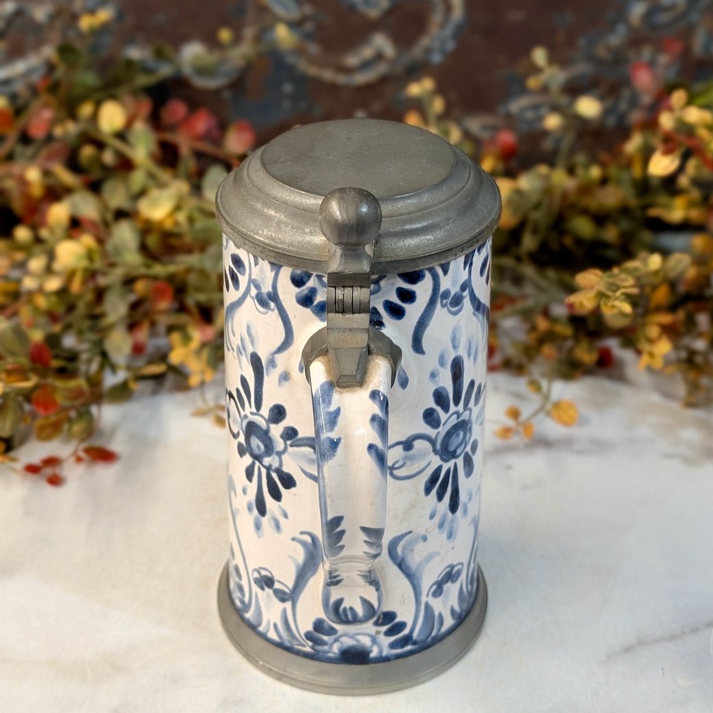 Vintage Blue & White Stoneware Stein with Metal Hinged Lid - Marmalade Mercantile
