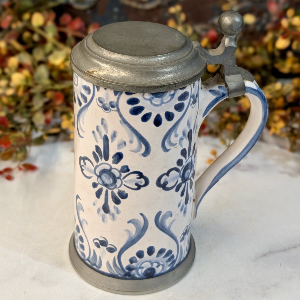 Vintage Blue & White Stoneware Stein with Metal Hinged Lid - Marmalade Mercantile